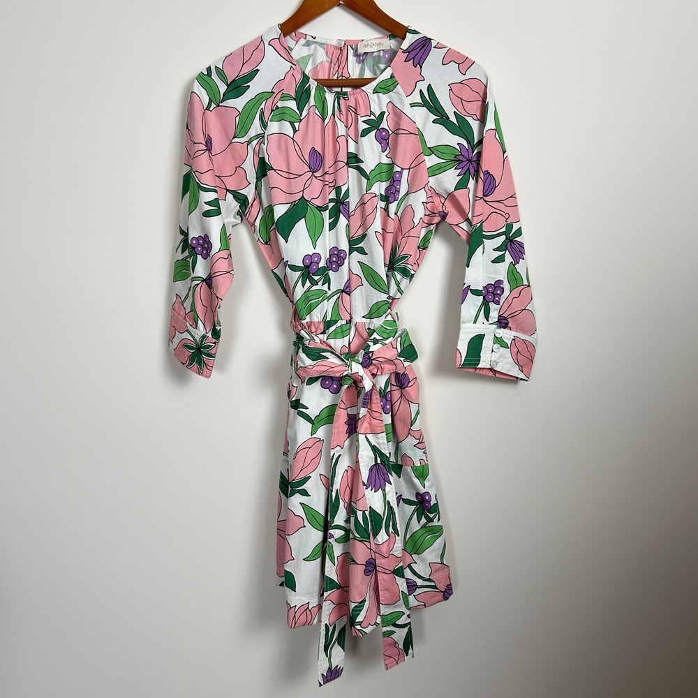 Banjanan White Pink Floral Cotton Tie Waist Dress Pockets Size M‎ - Picture 14 of 16